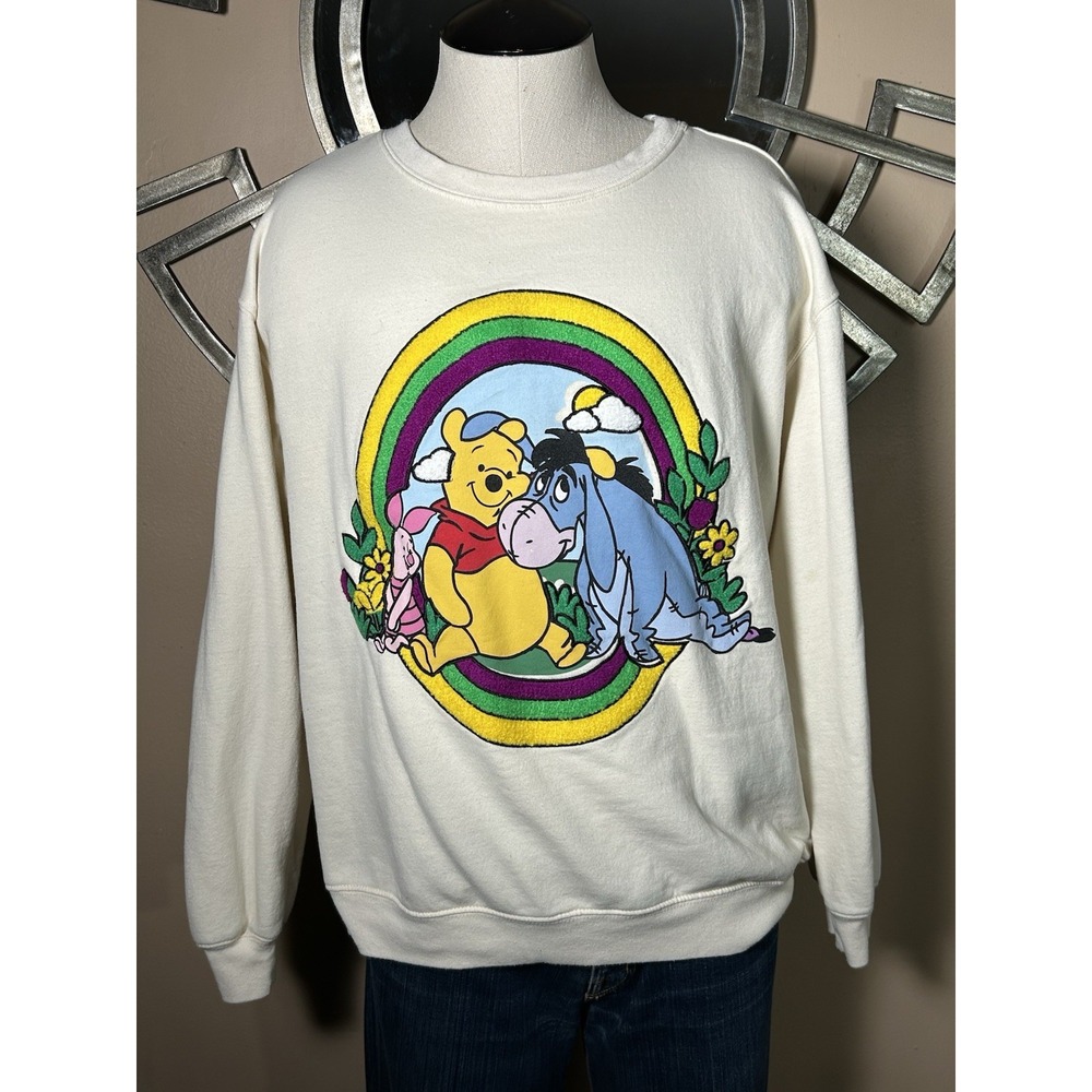 DISNEY WINNIE the POOH EEYORE Tufted /embroidered Graphic Crew Sweatshirt‎ XL